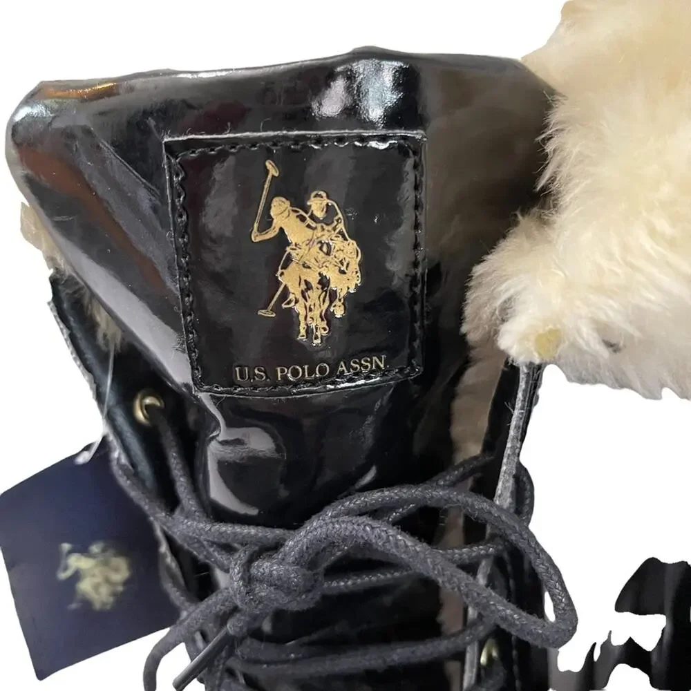 US Polo Assn Madison Black And Cream Faux Fur Lined Boots - Picture 9 of 10